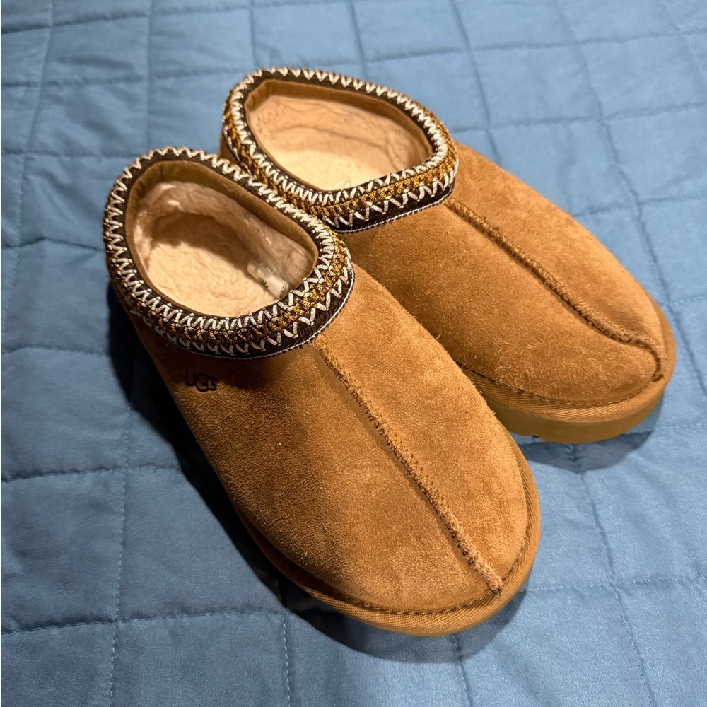Ugg Tan Suede Slippers with Patterned Trim